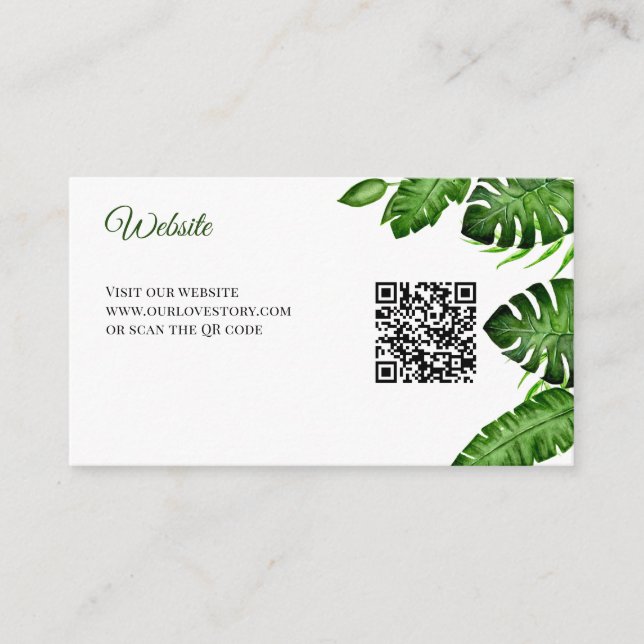 Tropischer Hochzeits-Website-QR-Code Monstera Grün Begleitkarte (Vorderseite)