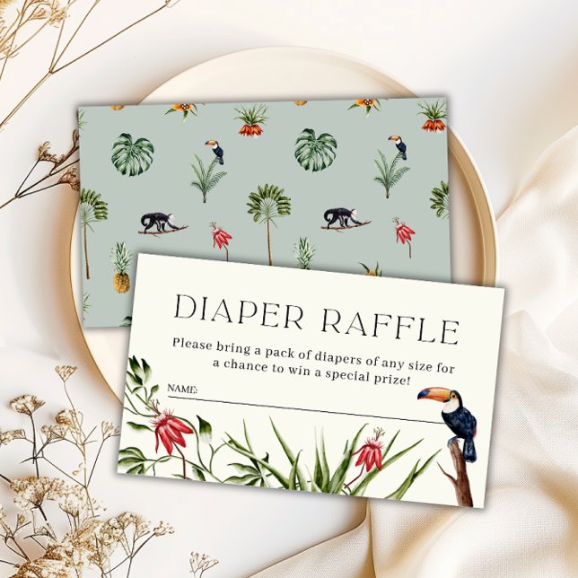 Tropischer Jungle Babydusche Windelwascher Begleitkarte (Tropical Jungle Boy Baby Shower Diaper Raffle Enclosure Card- Front & Back)