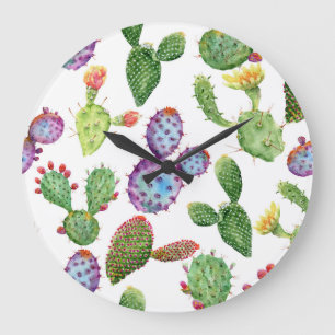 Tropischer Kaktus: Aquarellfarbenes, nahtloses Mus Große Wanduhr