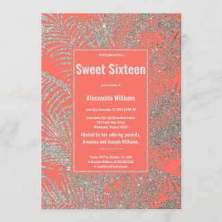 Tropischer Korallensilber Glitzer Blumensüß 16 Einladung