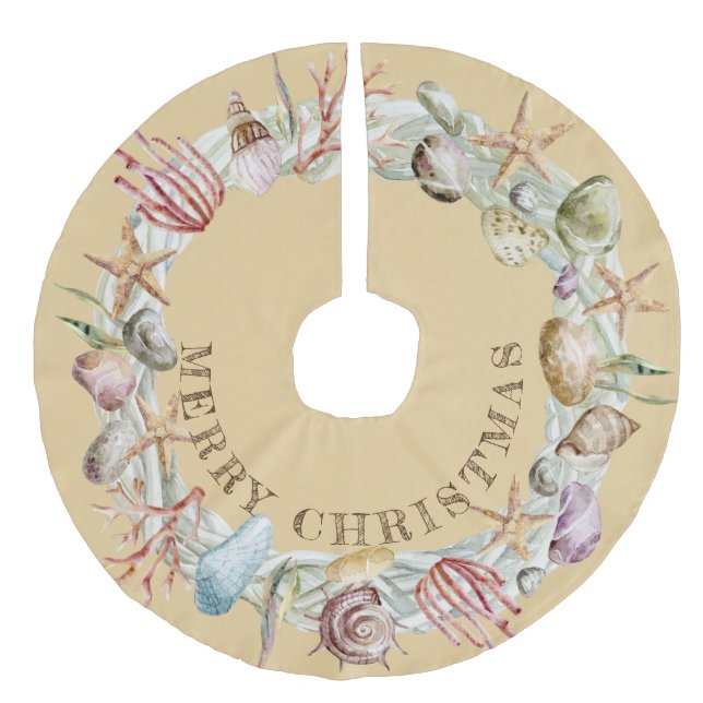 Tropischer Küstenstrand Seashells Frohe Weihnachte Leinenimitat Weihnachtsbaumdecke (Vorderseite)