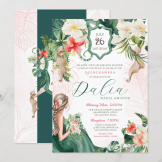 Tropischer Leaf Emerald Green Floral Quinceanera Einladung