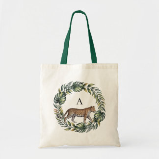 Tropischer Leaf-Kranz mit Leopard - Minimalistisch Tragetasche