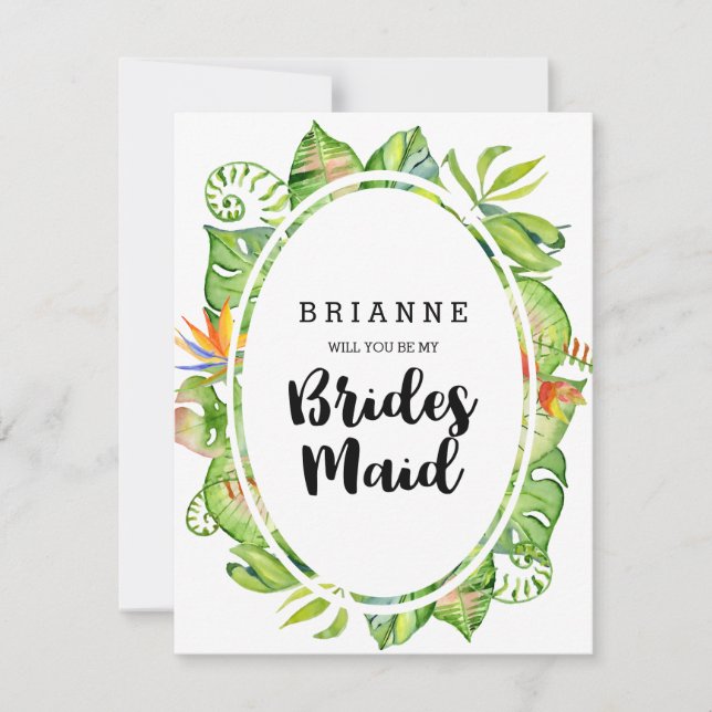 Tropischer Leaf Kranz wird meine Bridesmaid sein Einladung (Vorderseite)