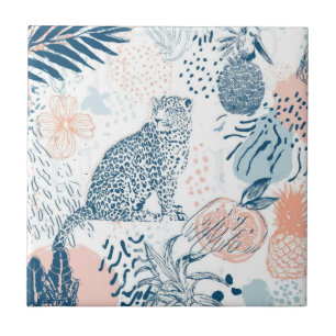 Tropischer Leopard Blau Pfirsich Abstrakt Fliese