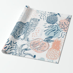 Tropischer Leopard Blau Pfirsich Abstrakt Geschenkpapier