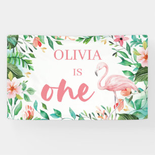 Tropischer Luau zum ersten Geburtstag Flamingos Banner