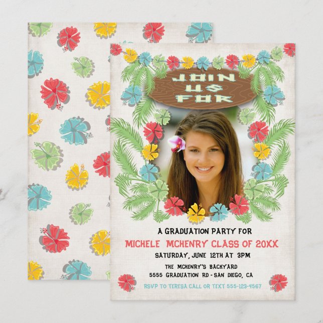 Tropischer luauer Hawiian Abschluss Einladung (Vorne/Hinten)