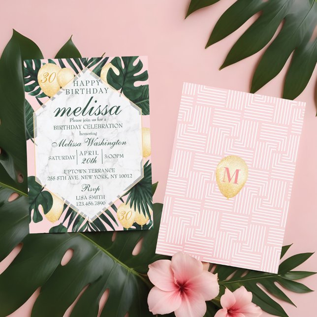 Tropischer Marmor Rosa Gold Einladung zum Geburtst (Tropical leaf marble pink gold birthday invitation)