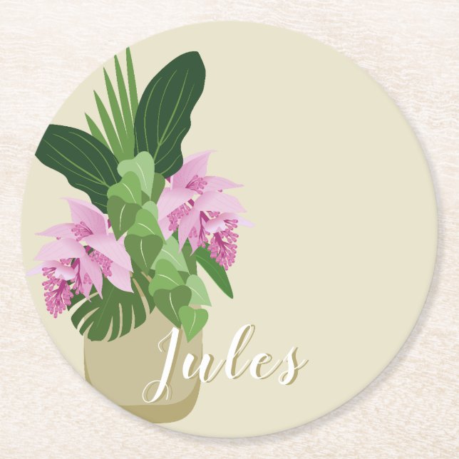 Tropischer Medinilla Rosa Blume Gelbe Vase Name Runder Pappuntersetzer (Vorderseite)