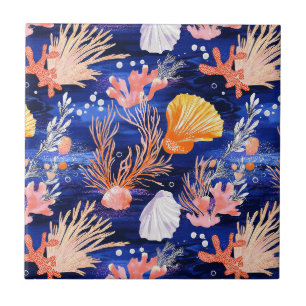 Tropischer Meeresstern Orange Pink Kobalt Fliese