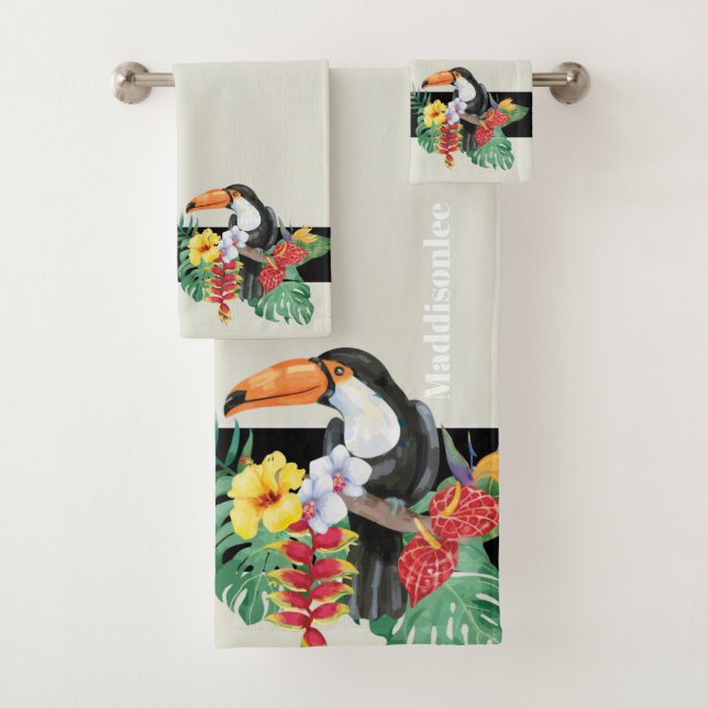 Tropischer Monogramm Name Schwarzer Toucan Badezim Badhandtuch Set (Insitu)