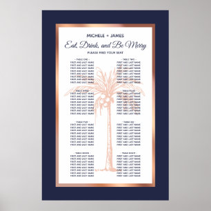 Tropischer Navy-Roségold-Palm-Hochzeits-Sitzplan Poster