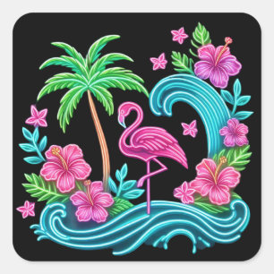 Tropischer Neon-Flamingo Quadratischer Aufkleber