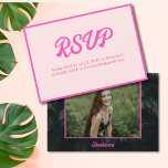 Tropischer Neon Pink Bat Mitzvah RSVP-Karte Begleitkarte<br><div class="desc">Laden Sie Ihre Gäste stilvoll mit diesen neontropisch rosa Bat Mitzvah UAWG Umzäunungskarten personalisiert mit Ihren Informationen ein. Das Design besteht aus grünen Palmen Blätter auf der Rückseite, einem Stern von David und rosa personalisierten Text, um die Details Ihres Events zu teilen. Geben Sie das Zazzle Design-Tool für weitere Anpassungen...</div>
