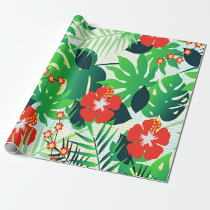 Tropischer Oranger Hibiskus Grün Monstera Blätter Geschenkpapier
