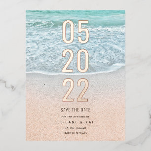Tropischer Ozean und Sandstrand Save the Date Folie Einladungspostkarte