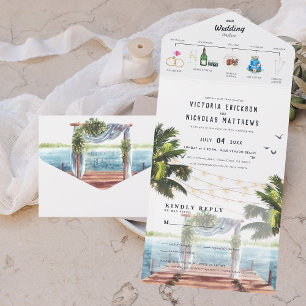 Tropischer Ozeanstrand Illustrierte Hochzeit All In One Einladung