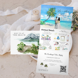 Tropischer Ozeanstrand   Illustrierte Hochzeit Dreifach Gefaltete Einladung