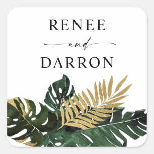 Tropischer Palmblättriger Gold 4 Quadratischer Aufkleber