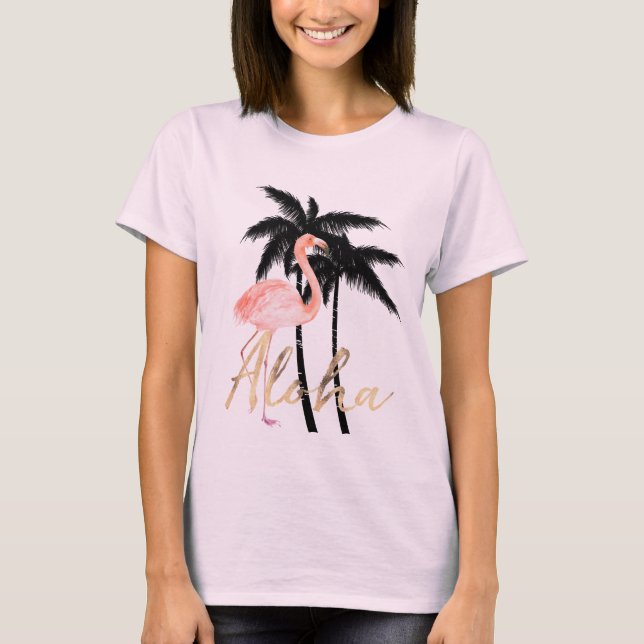 Tropischer Palme-Flamingo Aloha T-Shirt (Vorderseite)