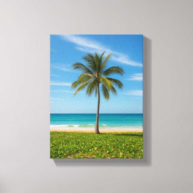 Tropischer Palmenbaum an der Küste des Ozeans Leinwanddruck (Vorderseite)