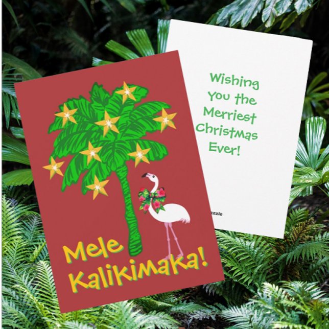 Tropischer Palmenbaum Flamingo Personalisiert  Feiertagskarte (Hawaiian for Merry Christmas. Personalize it!)