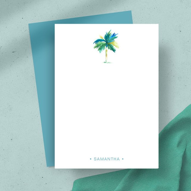 Tropischer Palmenbaum Wasserfarbe Persönlich Mitteilungskarte (Personalized notecards watercolor tropical palm tree art by Victoria Grigaliunas Do Tell A Belle)