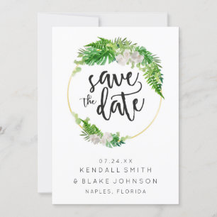 Tropischer Palmwedel- und Grünzeugkranz Save The Date