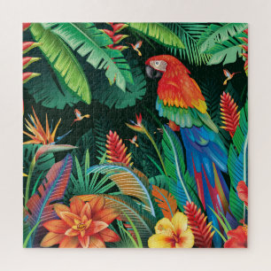Tropischer Papagei: Exotischer Blumenhintergrund. Puzzle