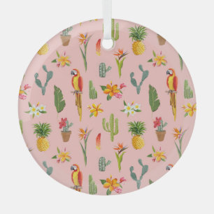 Tropischer Papagei, Kaktus im Vintage-Muster. Ornament Aus Glas
