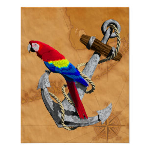 Tropischer Papagei und Anker Poster