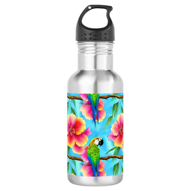 Tropischer Papagei und Muster der Blume Edelstahlflasche (Vorderseite)