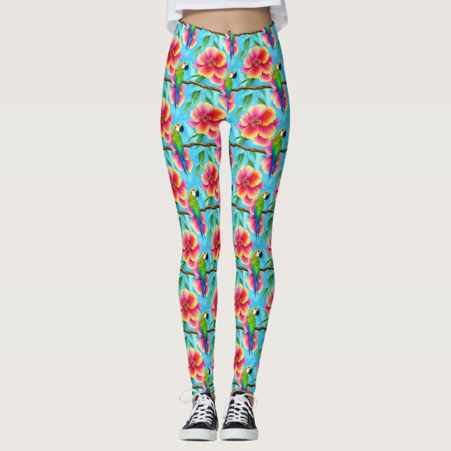 Tropischer Papagei und Muster der Blume Leggings (Vorderseite)