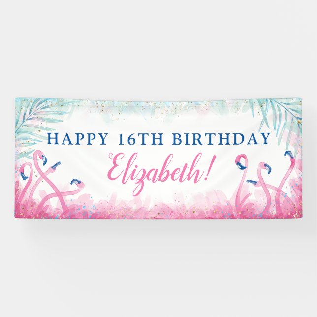 Tropischer Party-blauer rosa Flamingo-alles Gute Banner (Horizontal)