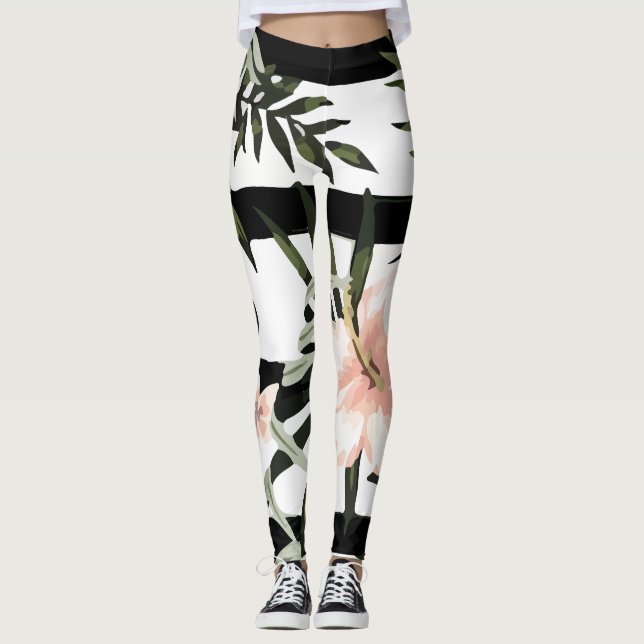 Tropischer Pfirsichblume Hibiskus Plumeria Leggings (Vorderseite)