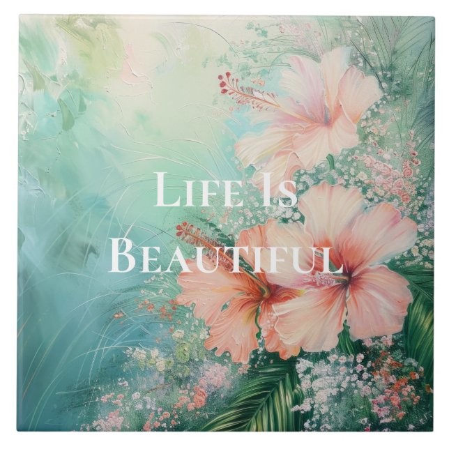 Tropischer Pfirsichweißer Hibiskus Fliese (Vorderseite)