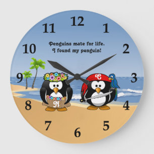 Tropischer Pinguin-Paare Hula Piraten-Insel-Strand Große Wanduhr