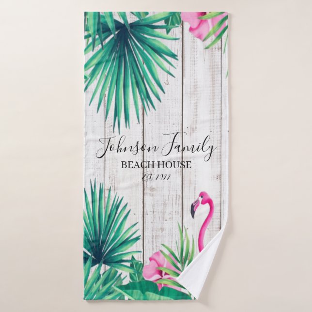 Tropischer Pink Flamingo Familienname Strand Badhandtuch Set (Badehandtuch)
