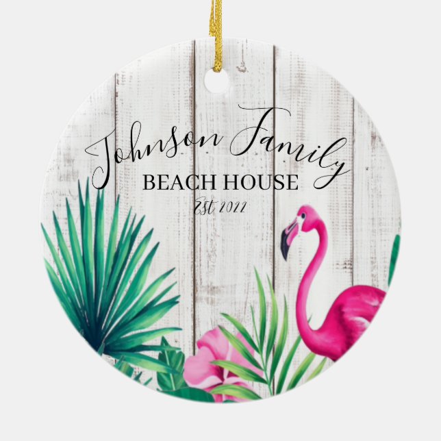 Tropischer Pink Flamingo Familienname Strand Keramik Ornament (Hinten)