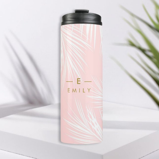 Tropischer Pink Guru, Geschenk Brautjungfer Thermosbecher (Gourde / Tumbler personnalisée motif feuilles tropical rose et blanc, avec initiale et prénom. )