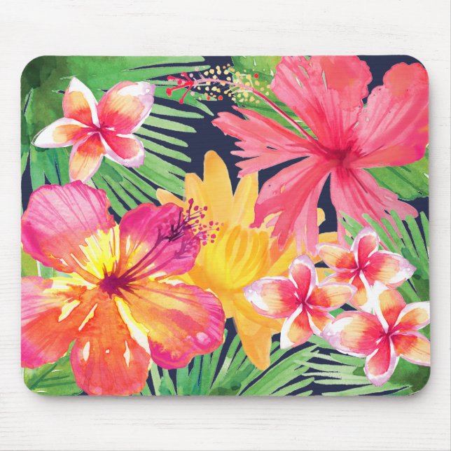 Tropischer Pink-Hibiskus Plumeria Navy Blue Mousepad (Vorne)