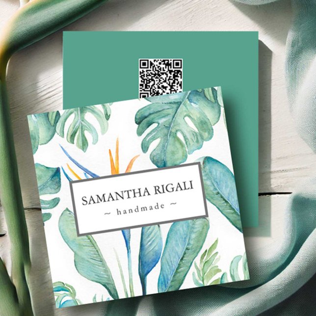 Tropischer QR-Code-Visitenkarte - Tropische Blume Begleitkarte (Business cards tropical floral and monstera palm leaf watercolor art by Victoria Grigaliunas)