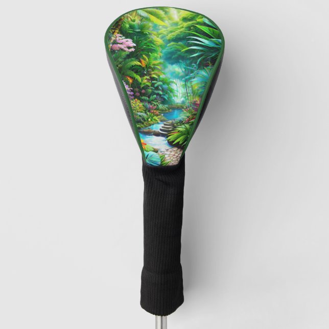 Tropischer Regenwald mit Bäumen und Blume Golf Headcover (Vorderseite)