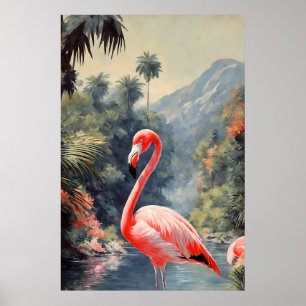 Tropischer Regenwald Rosa Flamingo Vintage Poster