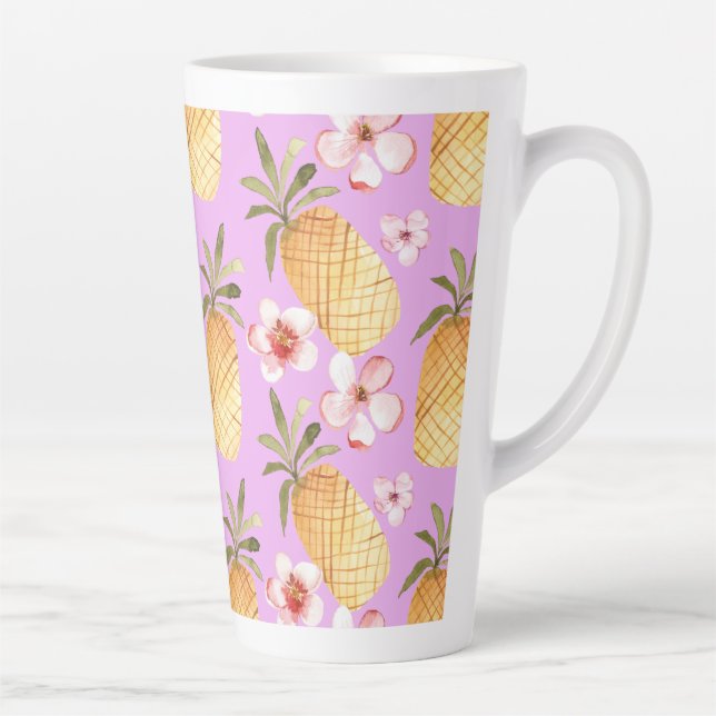 Tropischer Retro-Ananas-Druck auf lila Hintergrund Milchtasse (Rechts)