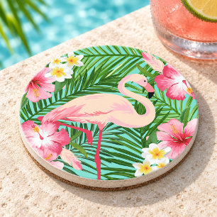 Tropischer Rosa Flamingo Blumen Palmwedel Sommer Getränkeuntersetzer