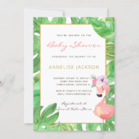 Tropischer rosa Flamingo grüne Blätter Baby Shower