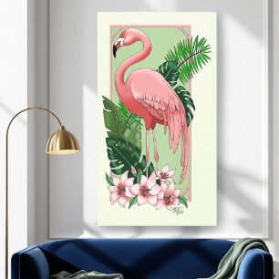Tropischer Rosa Flamingo Grüne Palmwedel Lilie Leinwanddruck