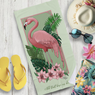Tropischer Rosa Flamingo Grüne Palmwedel Lilie Strandtuch